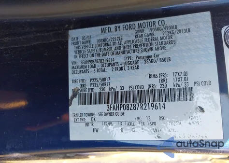 2007 Ford Fusion Sel z USA, uszkodzony, nr VIN 3FAHP08Z87R219614